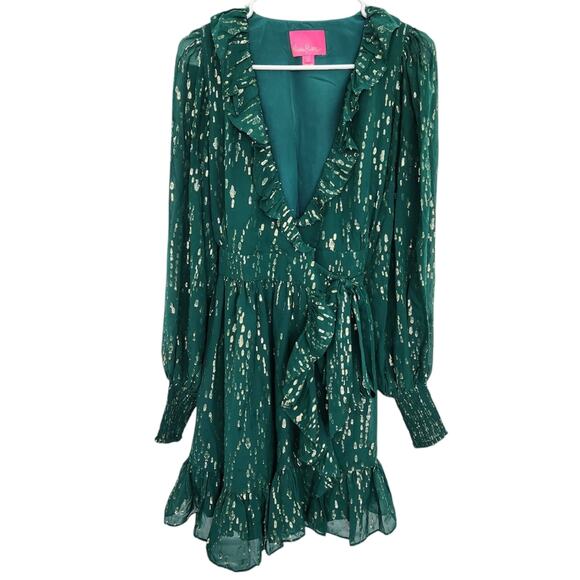 Lilly Pulitzer Birdy Silk Metallic Ruffle Wrap Dress 2 Green Wedding Cocktail - Picture 2 of 9
